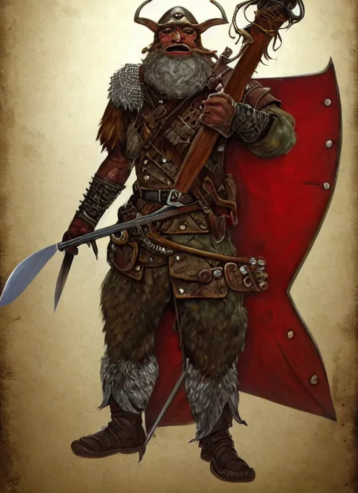 Image similar to strong young man, photorealistic bugbear ranger holding a flaming sword, black beard, dungeons and dragons, pathfinder, roleplaying game art, hunters gear, jeweled ornate leather and steel armour, concept art, character design on white background, by alan lee, norman rockwell, makoto shinkai, kim jung giu, poster art, colours red and green