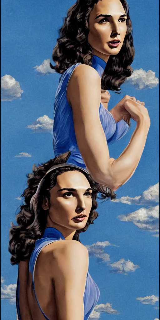 Prompt: full body portrait of gal gadot in the style of bill medcalf, blue sky with a few clouds, retro, 1 9 5 0, 4 k, detailed, headroom, rule of thirds