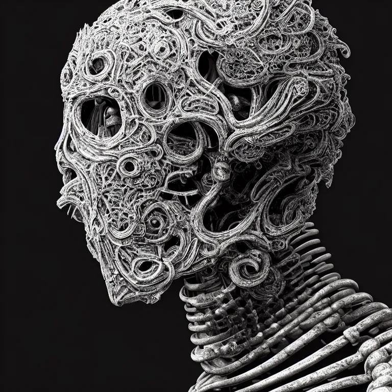 Prompt: portrait of beautiful man wearing black exoskeleton ribbed mechanical black mask covered with ribbed spinal tubes, wastelands, baroque painting, beautiful intricate insanely detailed octane render, artstation, 8 k artistic harsh flash photography, photorealistic, volumetric perfect light, chiaroscuro, beeple, annie liebovitz, raphael, caravaggio, rutkowski