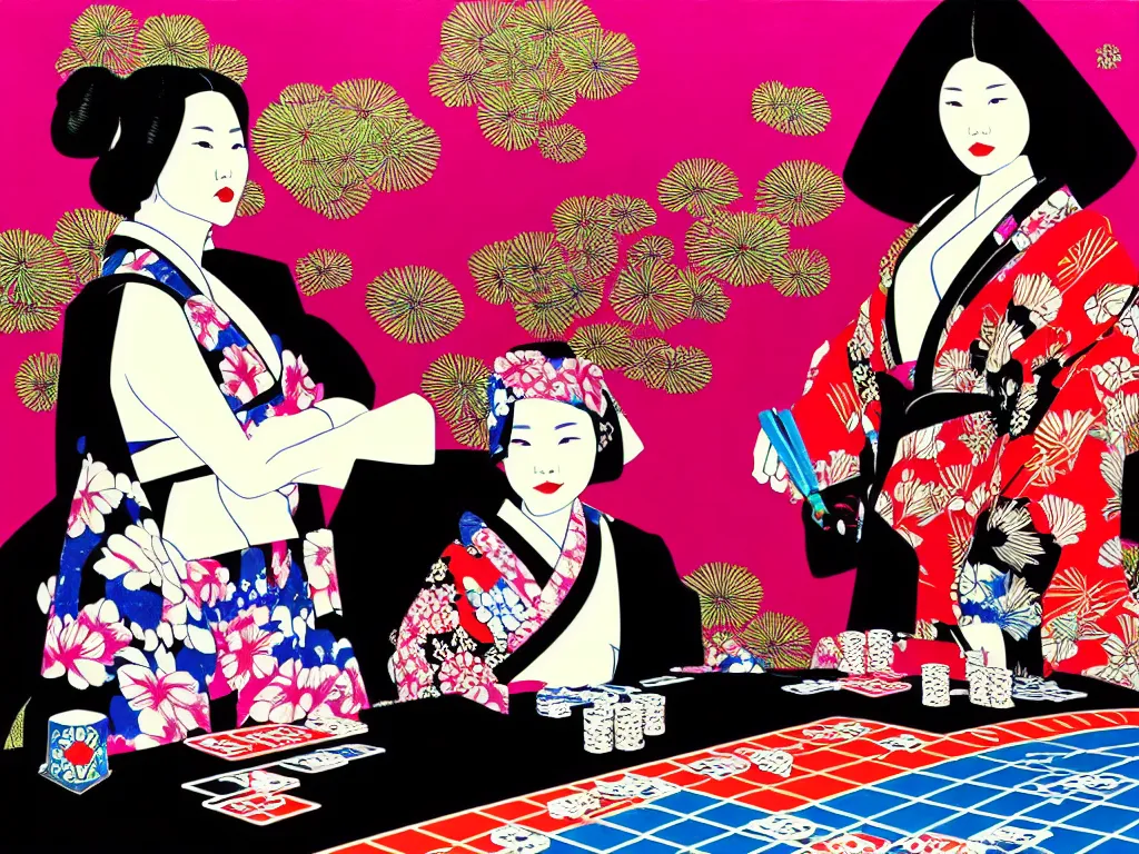 Image similar to hyperrealistic composition of the detailed woman in a japanese kimono sitting at a poker table with detailed darth vader, fireworks, mount fuji on the background, pop - art style, jacky tsai style, andy warhol style, acrylic on canvas