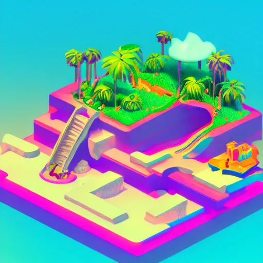 Image similar to isometric island on neon background, isometric invironment, 3d art, isometric art, high detail, artstation, concept art, behance, ray tracing, smooth, sharp focus, ethereal lighting