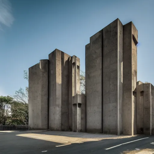 Prompt: a giant brutalist palace built in brutalism architecture, diverse unique building geometry full of shapes and corners, photography