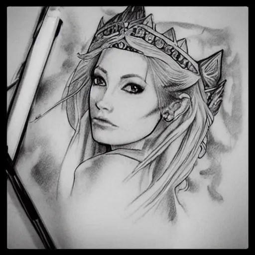 Prompt: tattoo sketch of very beautiful galadriel wearing a crown and arrowhead earrings, hyper - realistic, beautiful piercing eyes, small and sharp pupils, sexy look, beautiful blonde hair, in the style of matteo pasqualin, amazing detail, fantasy, elegant, smooth, sharp,