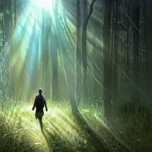 Image similar to a dirty lost person is following a small floating blue slightly glowing ball of light through the swampy forest, extremely detailed multiple unique different art styles.