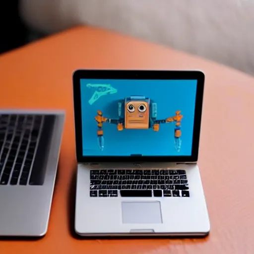 Prompt: “a cute mini robot using a laptop”