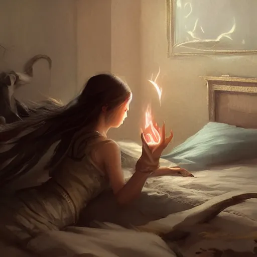 Image similar to A young female wizard, accidentally casting her first spell while practicing in bed, magic crackling in the air, fantasy art by Greg Rutkowski