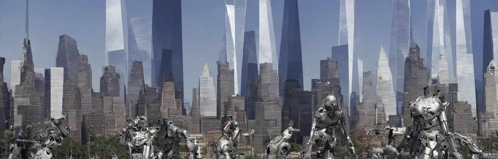 Prompt: “Mile-High Humanoid Robot versions of the Twin Towers ready themselves for battle gatchaman Gettyimages September 11 2001 hq ap photos CNN”