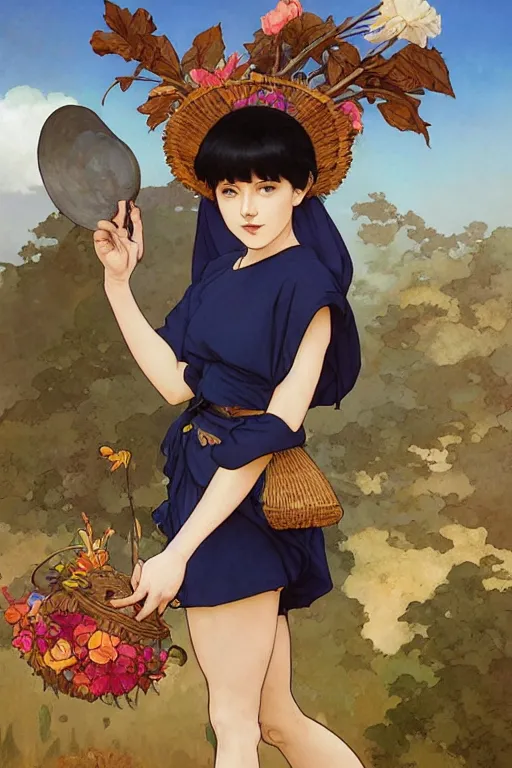 Image similar to kiki in kiki\'s delivery service in ancient java, highly detailed, digital painting, artstation, concept art, smooth, sharp focus, illustration, ArtStation, art by artgerm and greg rutkowski and alphonse mucha and J. C. Leyendecker and Edmund Blair Leighton and Katsuhiro Otomo and Geof Darrow and Phil hale and Ashley wood and Ilya repin and Charlie Bowater