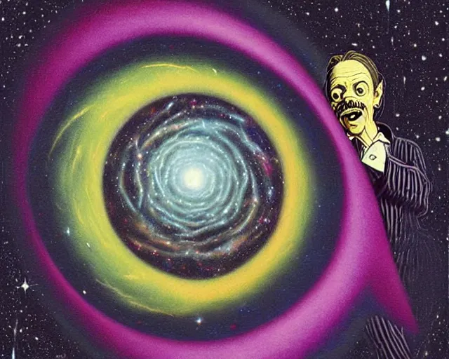 Image similar to steve buscemi floating in a spiral galaxy, cosmic horror painting, elegant intricate digital painting artstation concept art by basil wolverton by robert crumb by william eggleston detailed