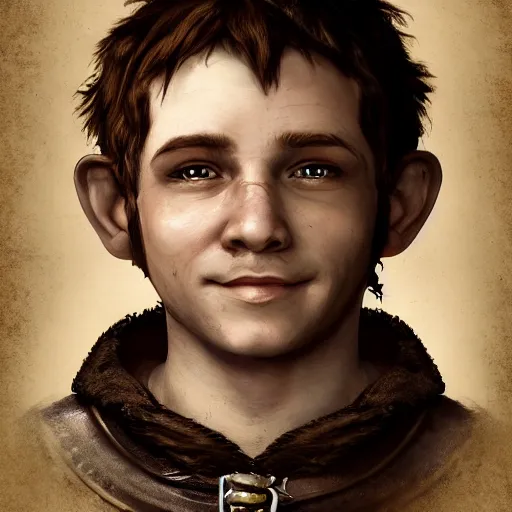 Image similar to realistic portrait of a halfling male, happy, bard, short hair, lute, intricate details, cinematic, photo, fantasy, medieval, trending on artstation, digital art, in the style of wizards of the coast