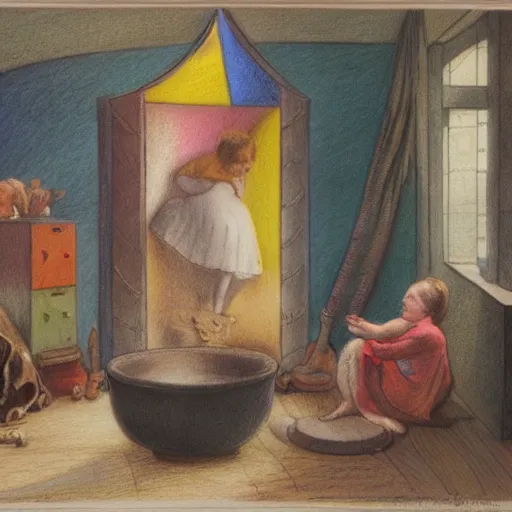 Prompt: colored pencil, detailed, cirque du soleil washed - out by edwin henry landseer. a beautiful drawing harmony of colors, simple but powerful composition. a scene of peaceful domesticity, with a mother & child in the center, surrounded by a few simple objects. colors are muted & calming, serenity & calm.