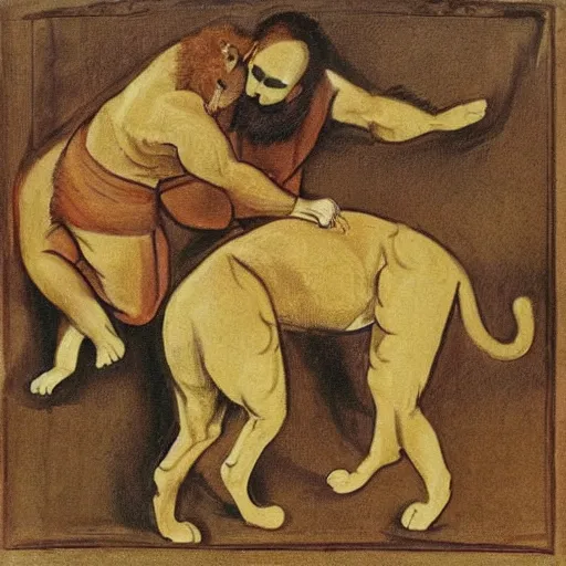 Prompt: man and lion wrestling Art