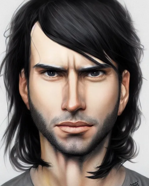 Prompt: portrait of tall, 3 3 - year - old handsome man with long dirty black hair, and grey eyes, wearing black clothes, no beard, hyper realistic face, beautiful eyes, character art, art by mark brooks, hyperdetailed, cryengine, trending on artstation, digital art