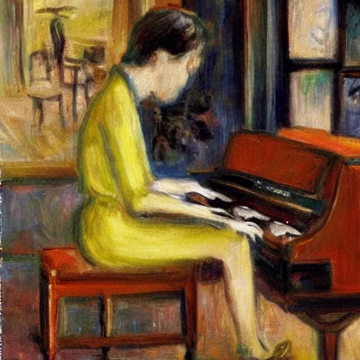 Image similar to a person playing the piano in a cafe on a rainy day, impressionist art