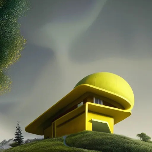 Prompt: futuristic yellow house on a hill with big trees, multiple moons, dramatic lighting, artstation, matte painting, raphael lacoste, simon stalenhag, frank lloyd wright, zaha hadid