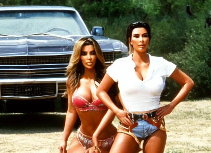 Image similar to movie still of kim kardashian as daisy duke in the movie the dukes of hazzard