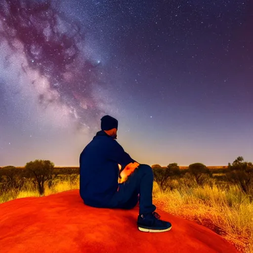 Prompt: man sitting at uluru, medicine drum, night sky, small fire, cosmic sky