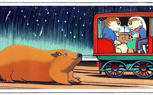 Prompt: a young girl and her pet capybara sitting in a train, art by hayao miyazaki, studio ghibli film, hi res, 4k, high detail