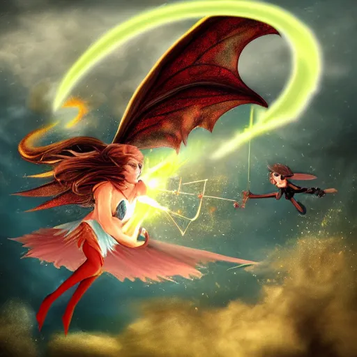 Image similar to flying fairy fighting against dragon demon