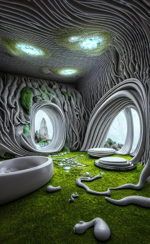 Image similar to highly detailed ultra sharp 3 d render villa interior cinematic composition of a smooth ceramic porcelain biomorphic magnolia stone nebula fluid fractal sci - fi surreal architecture landscape, granite, metallic, magnesium, marble, moss and lichen, vincent callebaut composition, mamou - mani, archviz, beautiful lighting, 8 k, unreal engine, hdr,