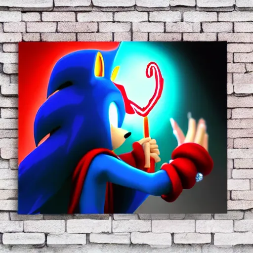 Image similar to red headed woman dressed in dark blue wizard robes holding a wooden staff covered in glowing red runes topped with a glowing gem. sonic the hedgehog stands beside her background of snowy mountains. fantasy painting.