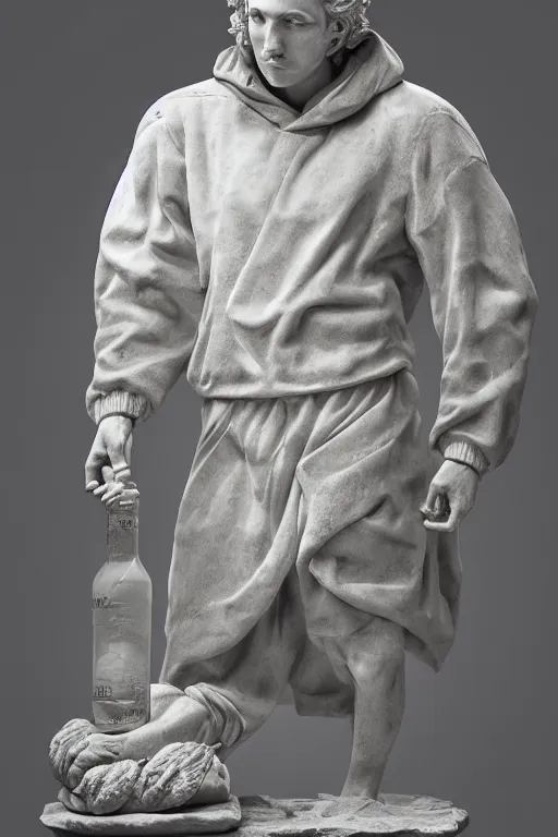 Image similar to marble sculpture of man in Adidas winter jacket, sportswear holding a marble vodka bottle, intricate sculpture, chiseled muscles, godlike, museum photo