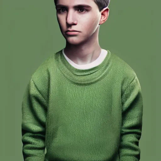 Image similar to boy with short brown hair covering eyes, light green sweater, brown background, dramatic lighting, studio lighting, digital art, trending on artstation