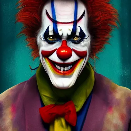 Image similar to willem dafoe wearing bizarre clown makeup, and intricate clown costume, by rossdraws, vivid colors, soft lighting, digital artwork, uhd, best of artstation