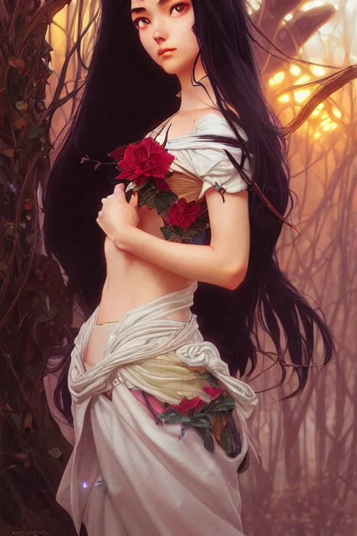 Image similar to Rei Hino as a princess, fantasy, intricate, elegant, highly detailed, digital painting, artstation, concept art, matte, sharp focus, illustration, art by Artgerm and Greg Rutkowski and Alphonse Mucha