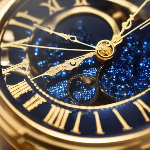 Image similar to close up photo of a sapphire and gold pocket watch, high detail, complex