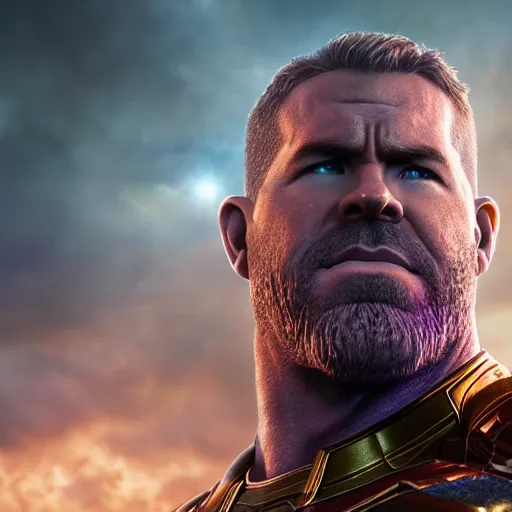 Image similar to Ryan Reynolds as Thanos, high quality image, high quality render, 8K, max definition, art station