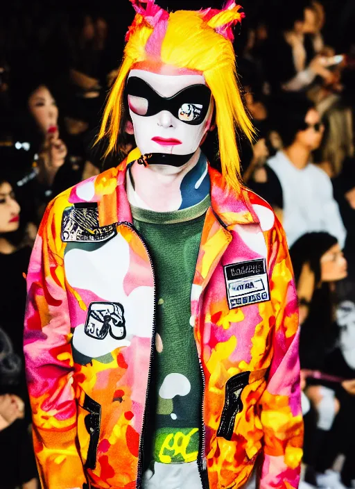 Prompt: hyperrealistic and heavy detailed bape avant garde runway show of korbin dallas the fifth element, leica sl 2 5 0 mm, vivid color, high quality, high textured, real life