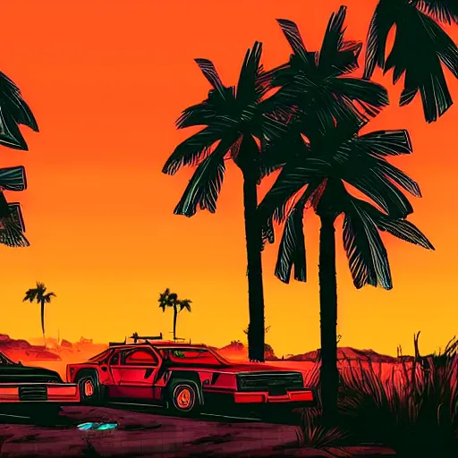 Prompt: wasteland hotline miami desert apocalypse car waste destroyed wide shot landscape nuke fire craters end of the world miami beach sunset palm trees 80s synth retrowave delorean unreal engine style