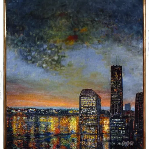 Prompt: impressionistic full - color painting of a distorted mirror reflecting a nightmarish boston downtown skyline in 1 9 2 5 at night with a horrifying sky, aerial view, dark, brooding, night, atmospheric, horror, cosmic, ultra - realistic, smooth, highly detailed by dave dorman