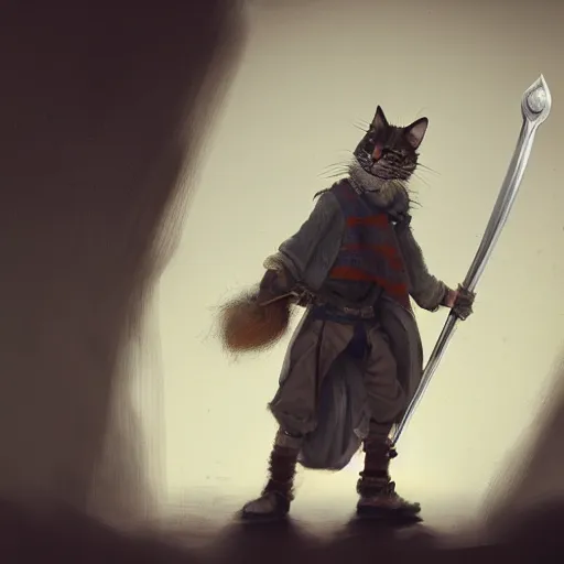 Image similar to a high detail shot of a dirty, homeless cat wearing rags, holstering sword, realism, 8 k, fantasy, d & d, concept art