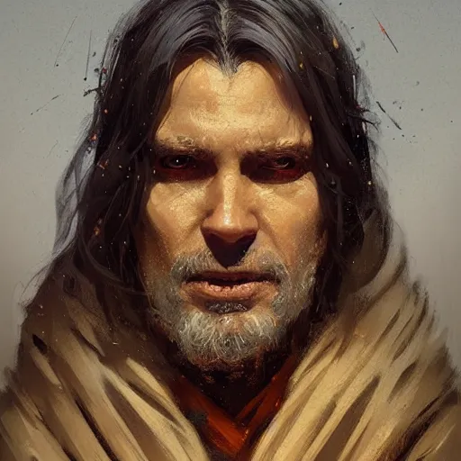 Image similar to portrait of a man by greg rutkowski, jedi master, arabian features, messy long black hair, wearing orange jedi robes, star wars expanded universe, he is about 6 0 years old, highly detailed portrait, digital painting, artstation, concept art, smooth, sharp foccus ilustration, artstation hq