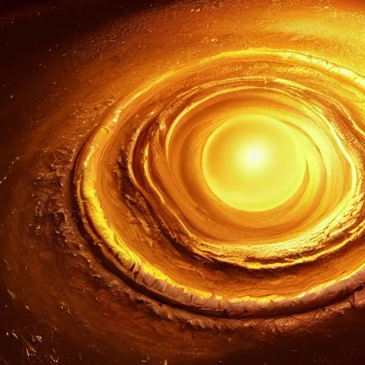 Prompt: wide angle shot of a giant liquid golden stream ascending swirling into a the gravitational field of a deep dark black hole, james web telescope, conceptart, unreal engine 5, 8 k, high depth of field, depth perception, rich deep colors, artstation