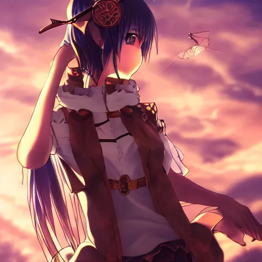 Prompt: anime girl with copper steampunk wings winking, extremely detailed, cinematic lighting, portrait, beautiful, sky,