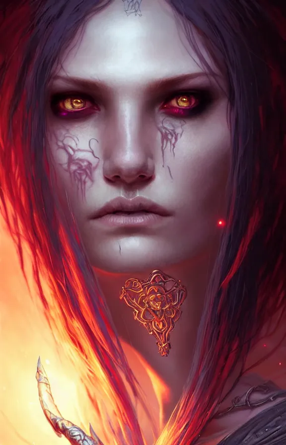 Image similar to Necromancer Sorceress face close-up macro in center, fantasy magic, undercut hairstyle, dark light night, intricate, elegant, sharp focus, illustration, highly detailed, digital painting, concept art, matte, art by WLOP and Artgerm and Greg Rutkowski and Alphonse Mucha, masterpiece