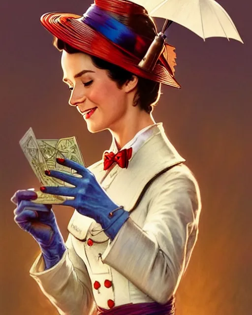 Image similar to Mary Poppins (1964) smiling and looking to the side, D&D, fantasy, intricate, elegant, highly detailed, digital painting, artstation, concept art, matte, sharp focus, illustration, hearthstone, art by Artgerm and Greg Rutkowski and Alphonse Mucha