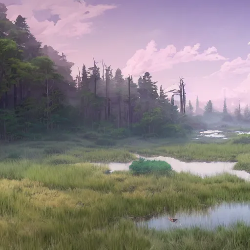 Image similar to concept art painting of a marsh swamp on top of a mountain above a forest valley, realistic, detailed, cel shaded, in the style of makoto shinkai and greg rutkowski and james gurney