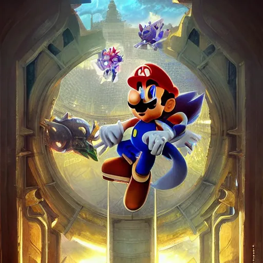 Image similar to A fusion of mario and sonic, ultra realistic, concept art, intricate details, dark, highly detailed, photorealistic, octane render, 8k, unreal engine, art by artgerm and greg rutkowski and alphonse mucha