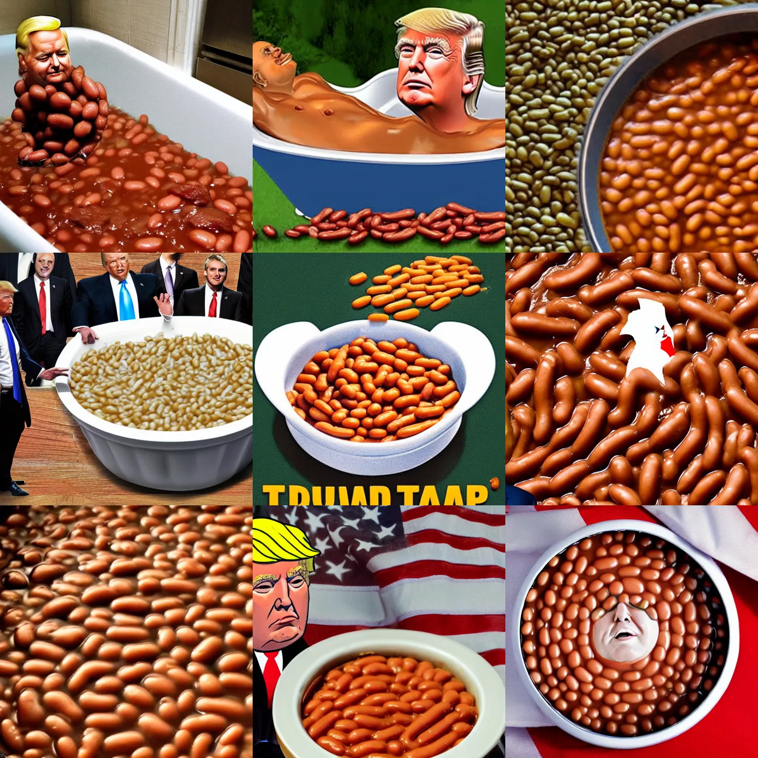 Prompt: Donald Trump in a bathtub full of baked beans