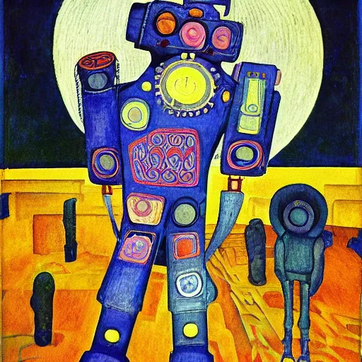 Image similar to the crow in her robot mask stands on the lawn, by annie swynnerton and kit williams and diego rivera and leo and diane dillon and nicholas roerich, symbolist, dramatic lighting, elaborate geometric ornament, art brut, god rays, soft cool colors, smooth, sharp focus, extremely detailed