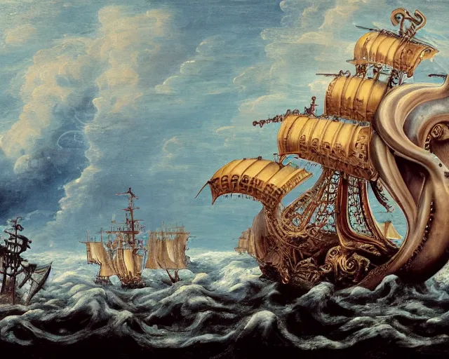 Prompt: a 16th century galleon warship being attacked by the kraken with huge octopus tentacles on the stormy seas with huge waves. The air is choked with cannon fire and smoke. oil painting on canvas, masterpiece, ultra high intricate detail, cinematic