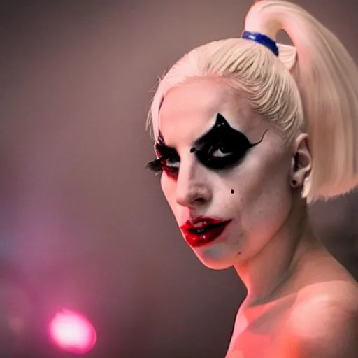 Image similar to Lady Gaga as real-life Harley Quinn, cinematic, Low angle, atmospheric fog and lighting, directed by Michael Bay, movie still, photography