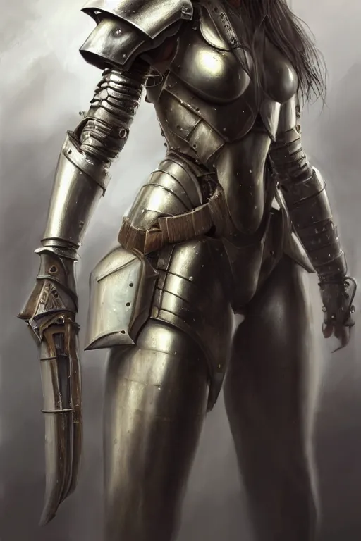 Image similar to a photorealistic painted portrait of an attractive young girl, partially clothed in dull metal-plated battle armor, olive skin, long dark hair, dirty skin, beautiful bone structure, symmetric facial features, perfect photorealistic eyes, natural physique, intricate, elegant, digital painting, concept art, finely detailed, beautifully illustrated, sharp focus, minimal artifacts, from Metal Gear, by Ruan Jia and Mandy Jurgens and Artgerm and William-Adolphe Bouguerea, in the style of Greg Rutkowski, trending on Artstation, award winning