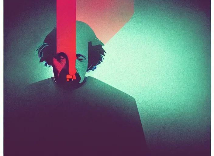 Image similar to portrait of a einstein, colorful, modern art deco, mads berg, karolis strautniekas, christopher balaskas, stippled light, fog, moody, fine texture, editorial illustration, dramatic lighting, dynamic composition, detailed, matte print, dynamic perspective, muted color