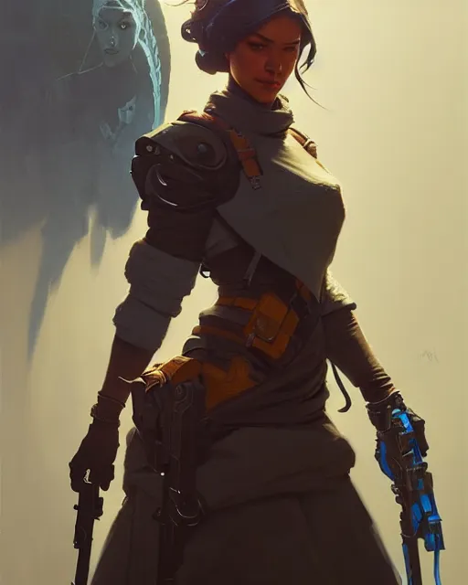 Image similar to ana from overwatch, character portrait, concept art, intricate details, highly detailed by greg rutkowski, michael whelan and gustave dore