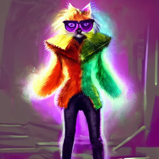 Image similar to wide angle full body, jacket wearing fluffy cute rainbow kitten wearing a black leather motorcycle jacket, cinematic concept art